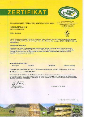 Bio Zertifikat für Mushroom Production Center GmbH